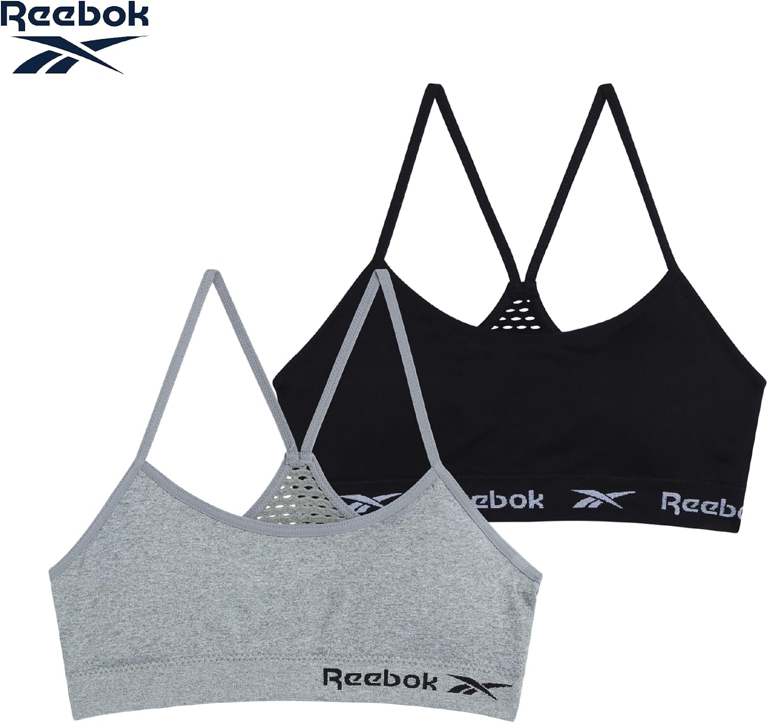 image:imageReebok Girls Training Bras 2 Pack Racerback Bralettes Removable Pads SuperSoft Fabric with a Sporty RacerStyle Back Fit Stays Comfortably in Place Through Dance Gym and PlayBlackGrey