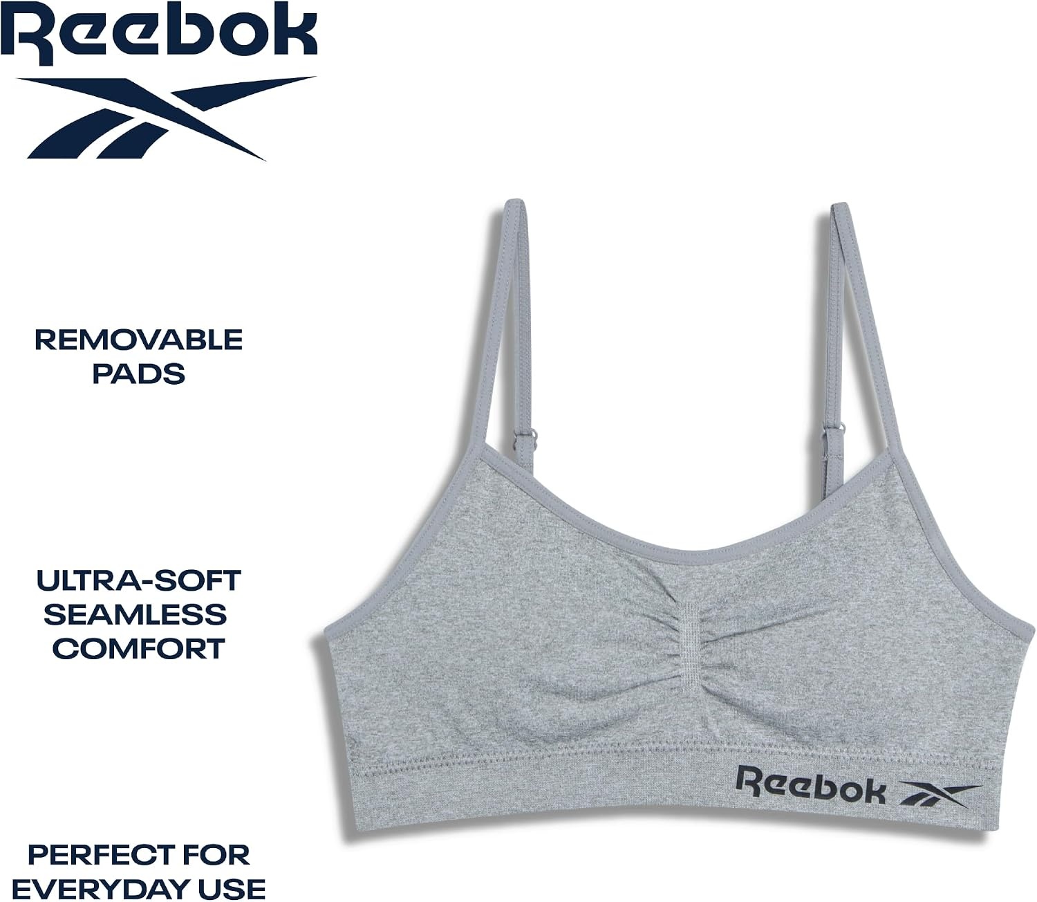 image:imageReebok Girls Training Bras 2 Pack Racerback Bralettes Removable Pads SuperSoft Fabric with a Sporty RacerStyle Back Fit Stays Comfortably in Place Through Dance Gym and PlayGreyWhite