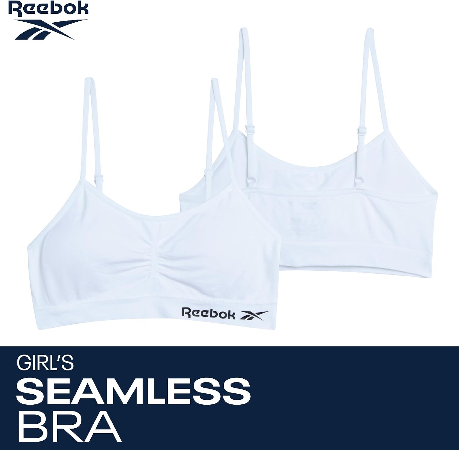 image:imageReebok Girls Training Bras 4 Pack Racerback Bralettes Removable Pads SuperSoft Fabric with a Sporty RacerStyle Back Fit Stays Comfortably in Place Through Dance Gym and PlayWhitePure White