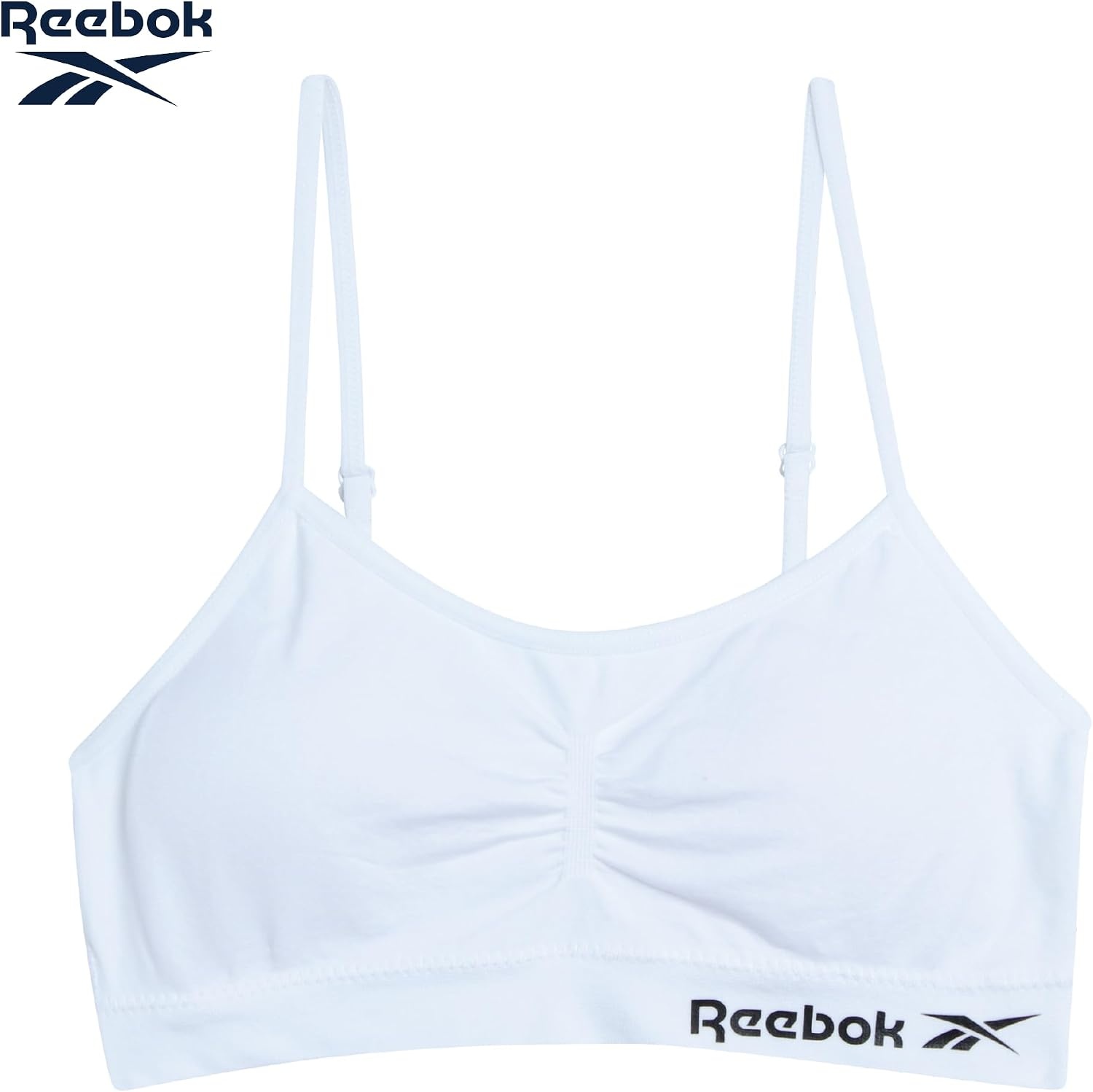 image:imageReebok Girls Training Bras 4 Pack Racerback Bralettes Removable Pads SuperSoft Fabric with a Sporty RacerStyle Back Fit Stays Comfortably in Place Through Dance Gym and PlayWhitePure White