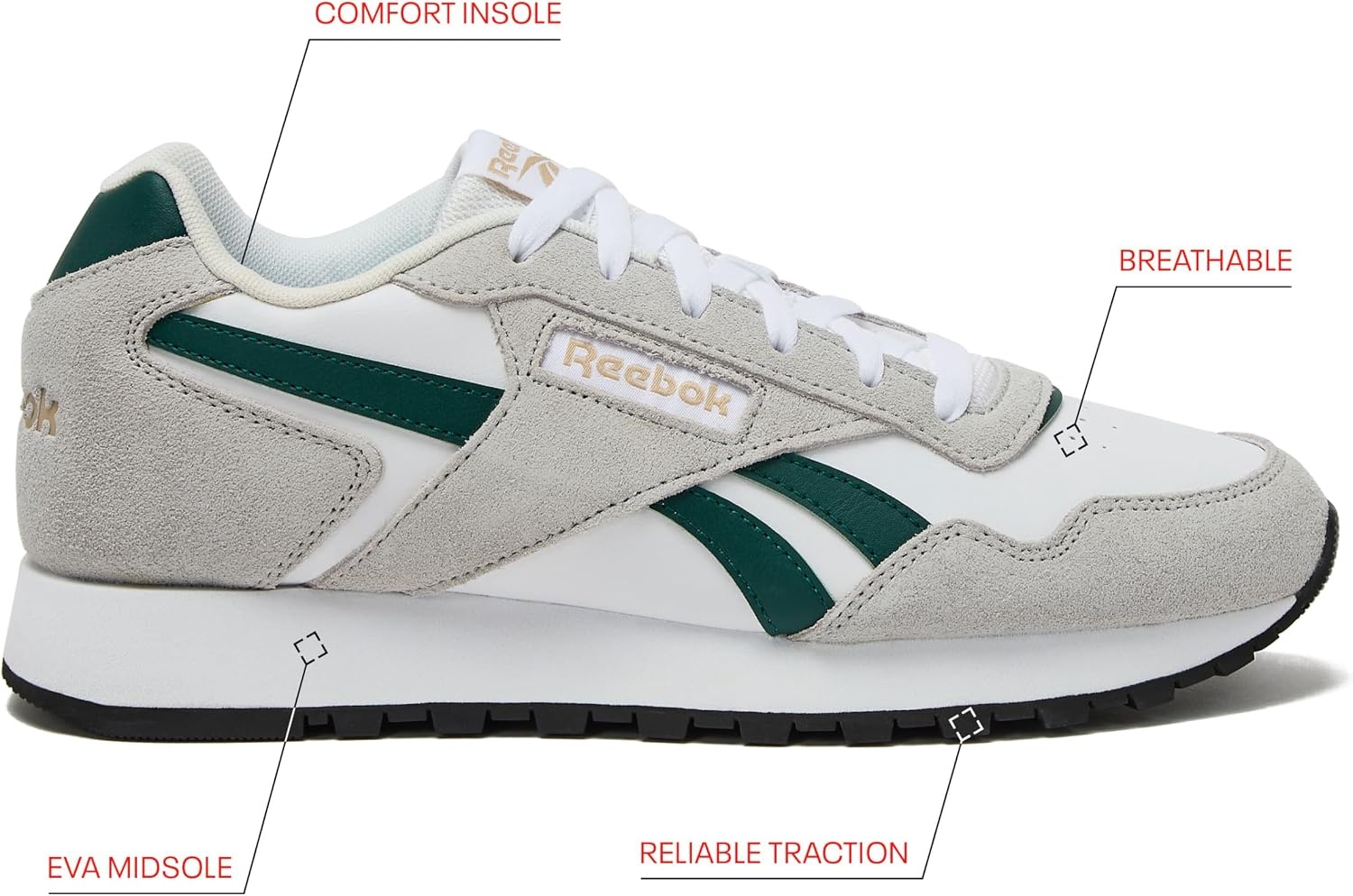 image:imageReebok Glide Sneakers for Men Black or White Tennis Shoes Size 7 to 15WhiteCollegiate GreenGrey 1