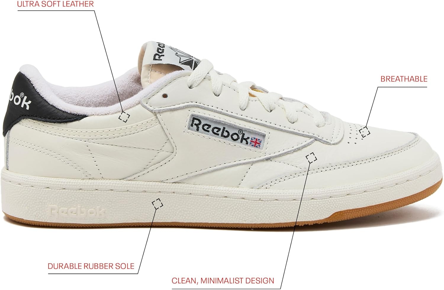 image:imageReebok Mens Club C 85 Vintage Tennis Sneakers for MenChalkBlackGum