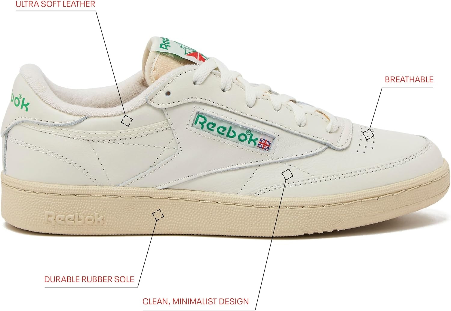 image:imageReebok Mens Club C 85 Vintage Tennis Sneakers for MenTopchalkPaperwhiteGlen Green
