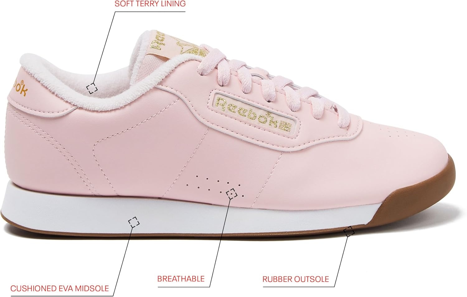 image:imageReebok Princess Sneakers for Women Comfortable Walking or Tennis Womens ShoesPinkWhiteGold Metallic