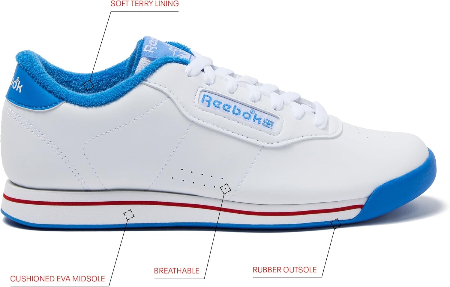 image:imageReebok Princess Sneakers for Women Comfortable Walking or Tennis Womens ShoesWhiteBlueVector Red