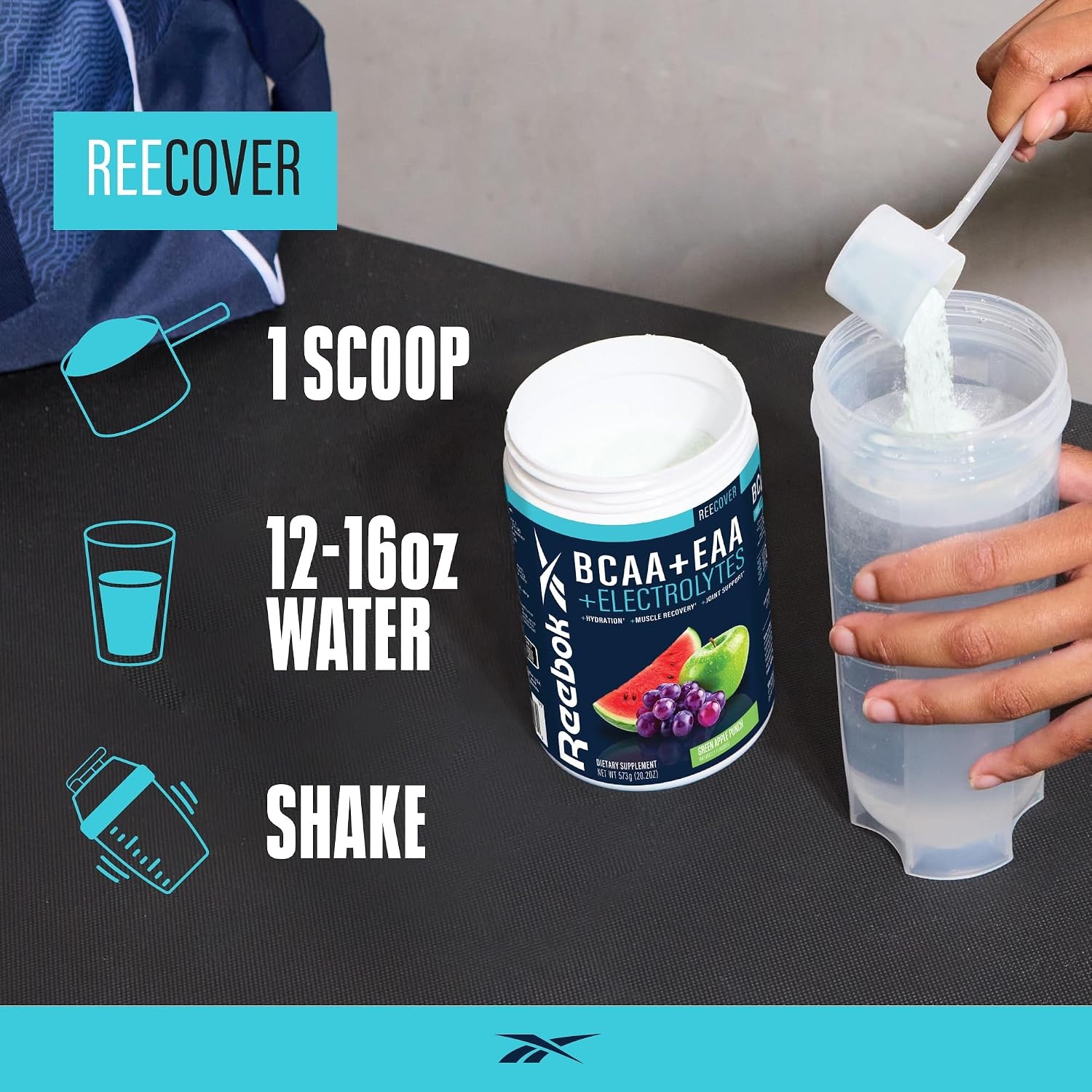 image:imageReebok REEcover Amino Acids Electrolytes Strawberry Lemonade 8g EAAs 5g BCAAs Hydration Matrix Muscle Recovery amp Strength Postworkout 30 ServingsGreen Apple Punch