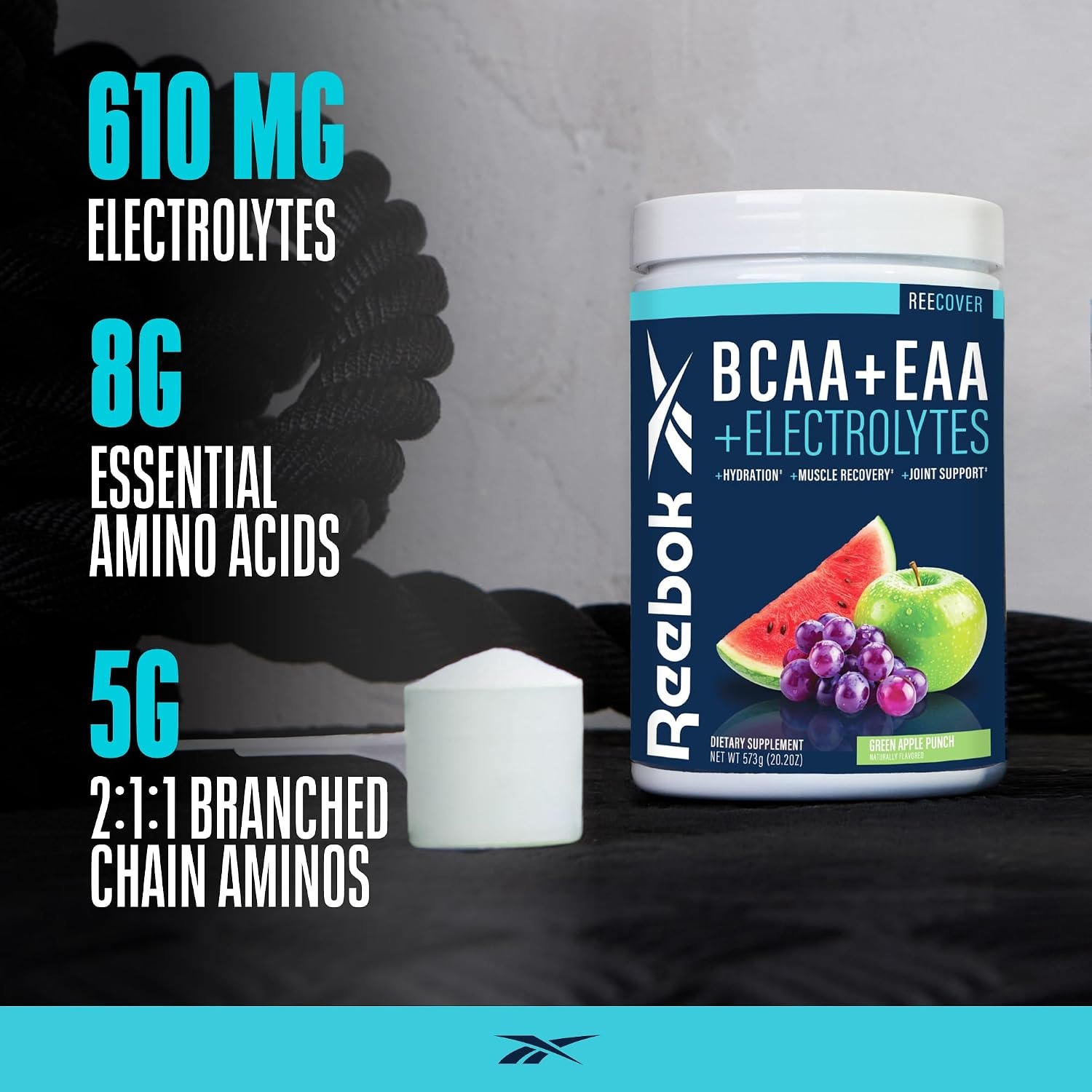 image:imageReebok REEcover Amino Acids Electrolytes Strawberry Lemonade 8g EAAs 5g BCAAs Hydration Matrix Muscle Recovery amp Strength Postworkout 30 ServingsGreen Apple Punch