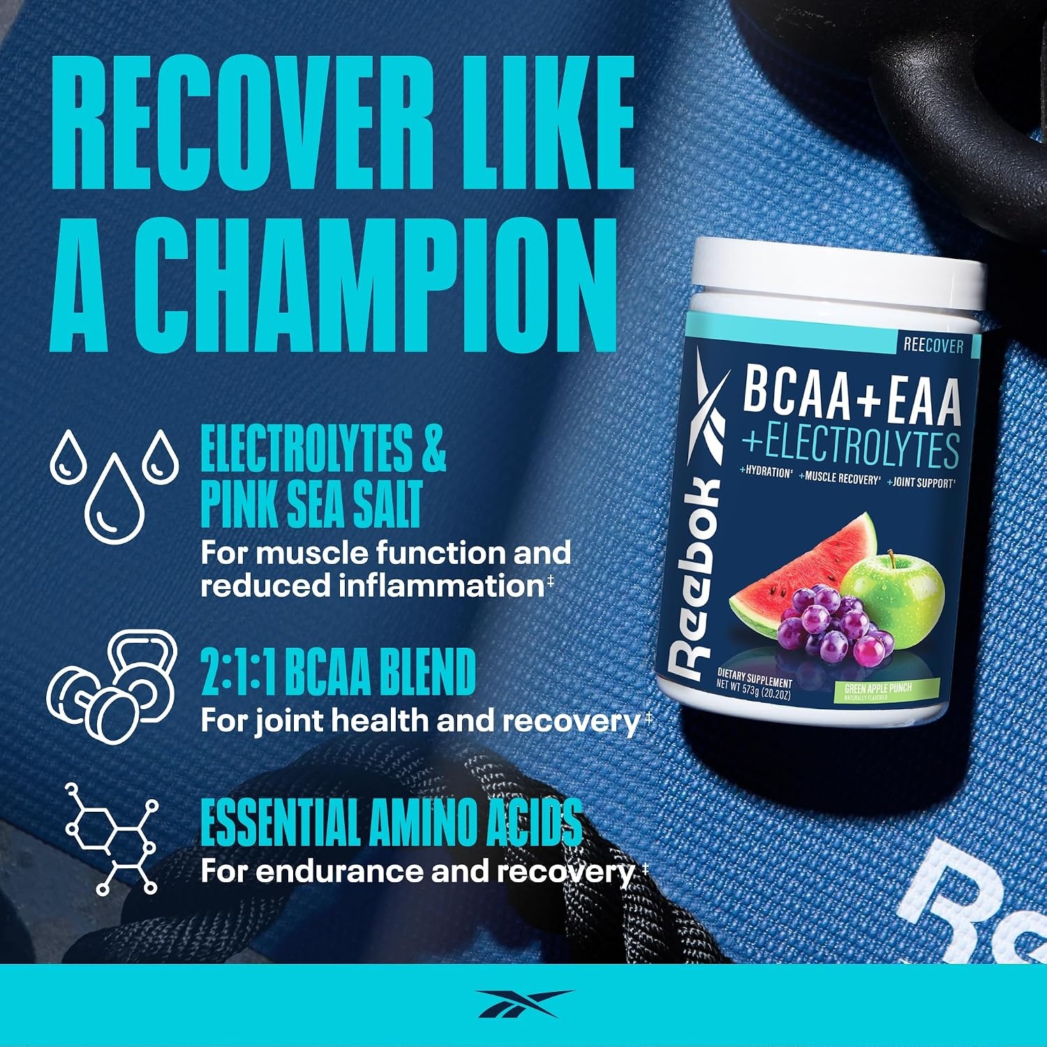image:imageReebok REEcover Amino Acids Electrolytes Strawberry Lemonade 8g EAAs 5g BCAAs Hydration Matrix Muscle Recovery amp Strength Postworkout 30 ServingsGreen Apple Punch