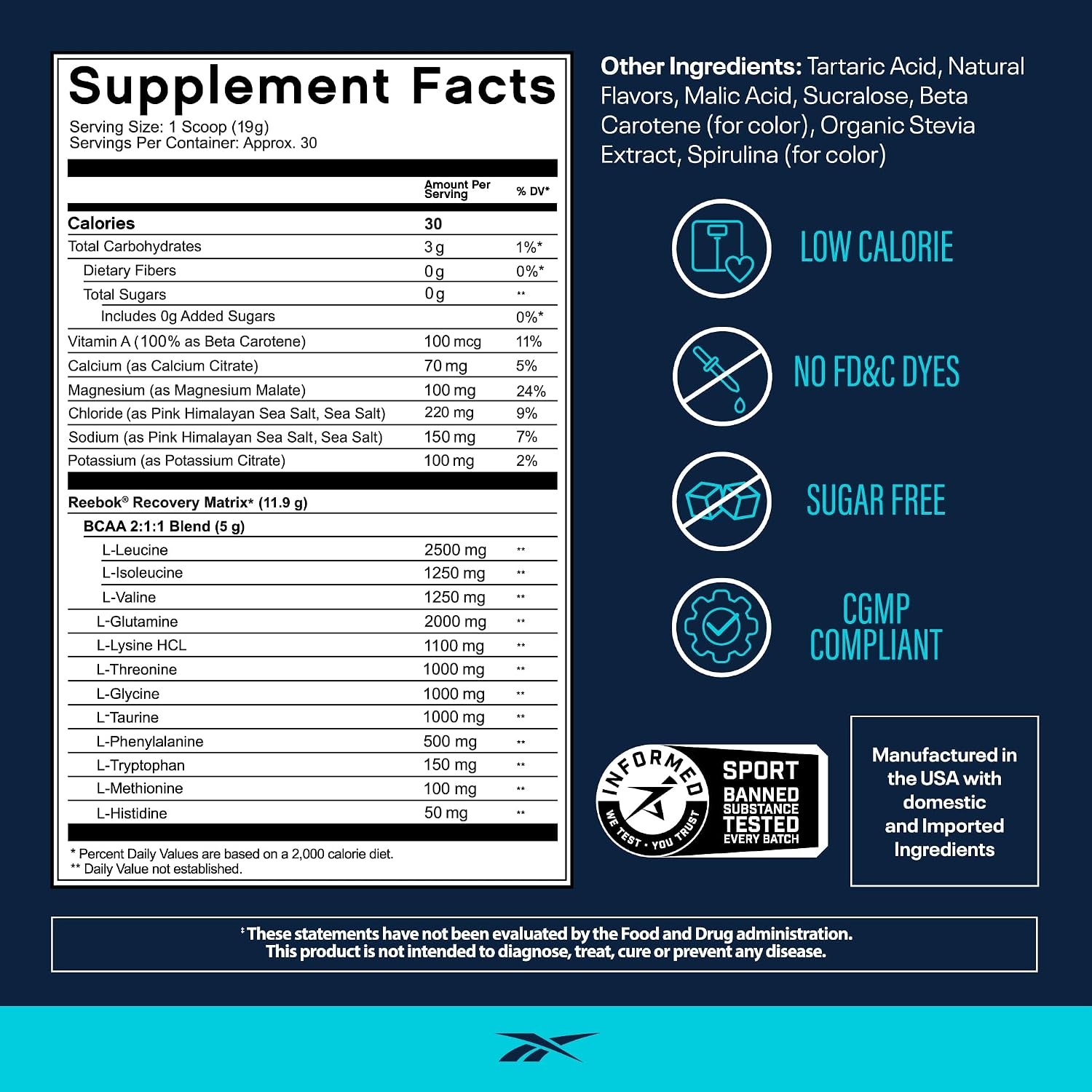 image:imageReebok REEcover Amino Acids Electrolytes Strawberry Lemonade 8g EAAs 5g BCAAs Hydration Matrix Muscle Recovery amp Strength Postworkout 30 ServingsGreen Apple Punch