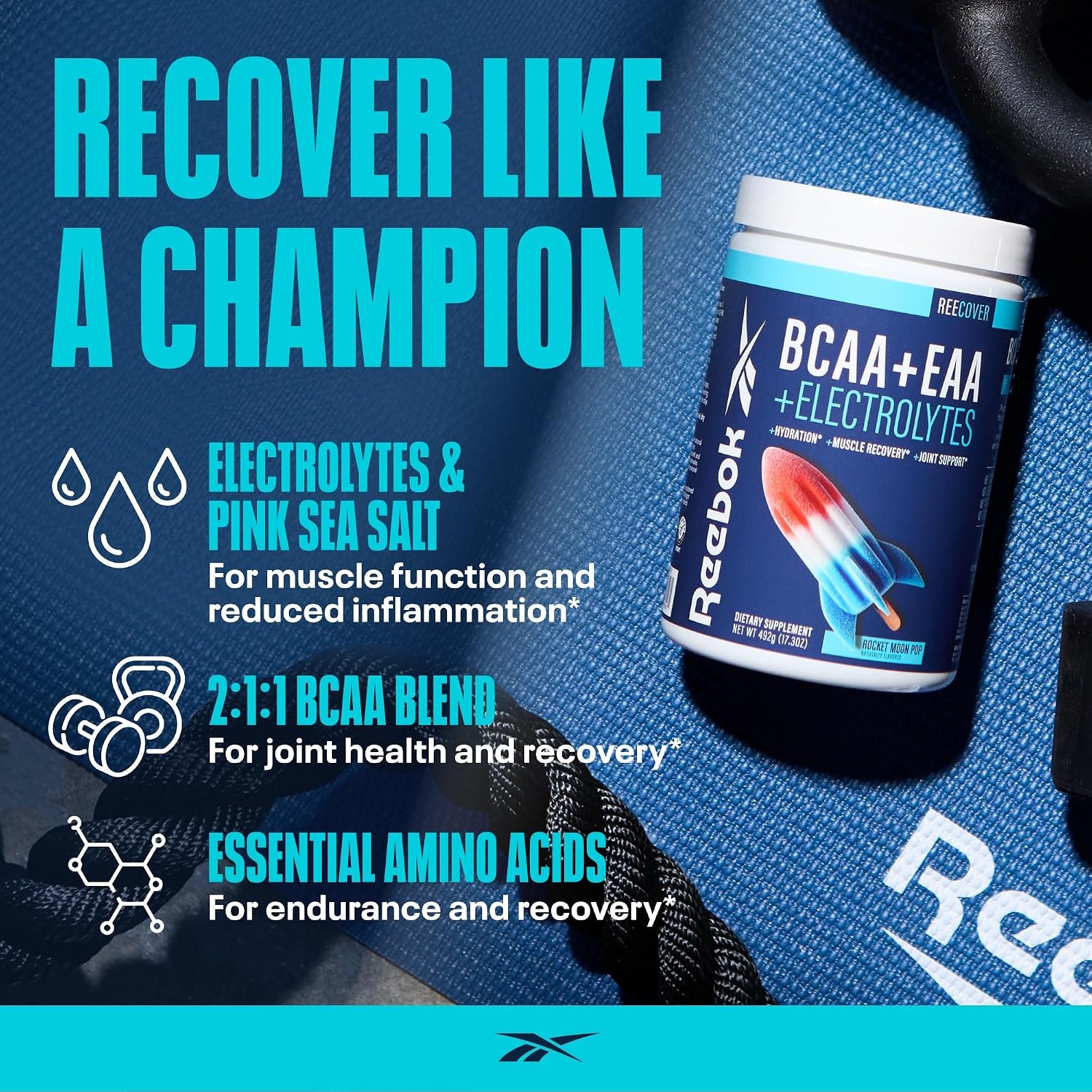 image:imageReebok REEcover Amino Acids Electrolytes Strawberry Lemonade 8g EAAs 5g BCAAs Hydration Matrix Muscle Recovery amp Strength Postworkout 30 ServingsRocket Moon Pop