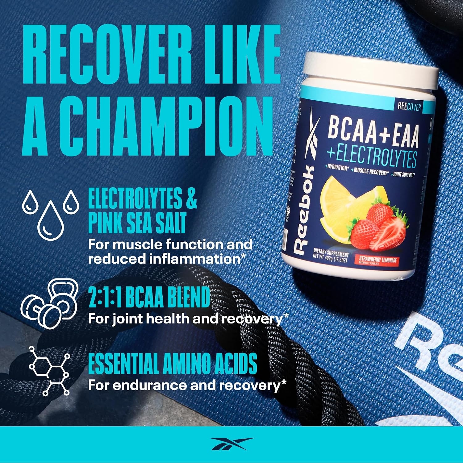 image:imageReebok REEcover Amino Acids Electrolytes Strawberry Lemonade 8g EAAs 5g BCAAs Hydration Matrix Muscle Recovery amp Strength Postworkout 30 ServingsStrawberry Lemonade