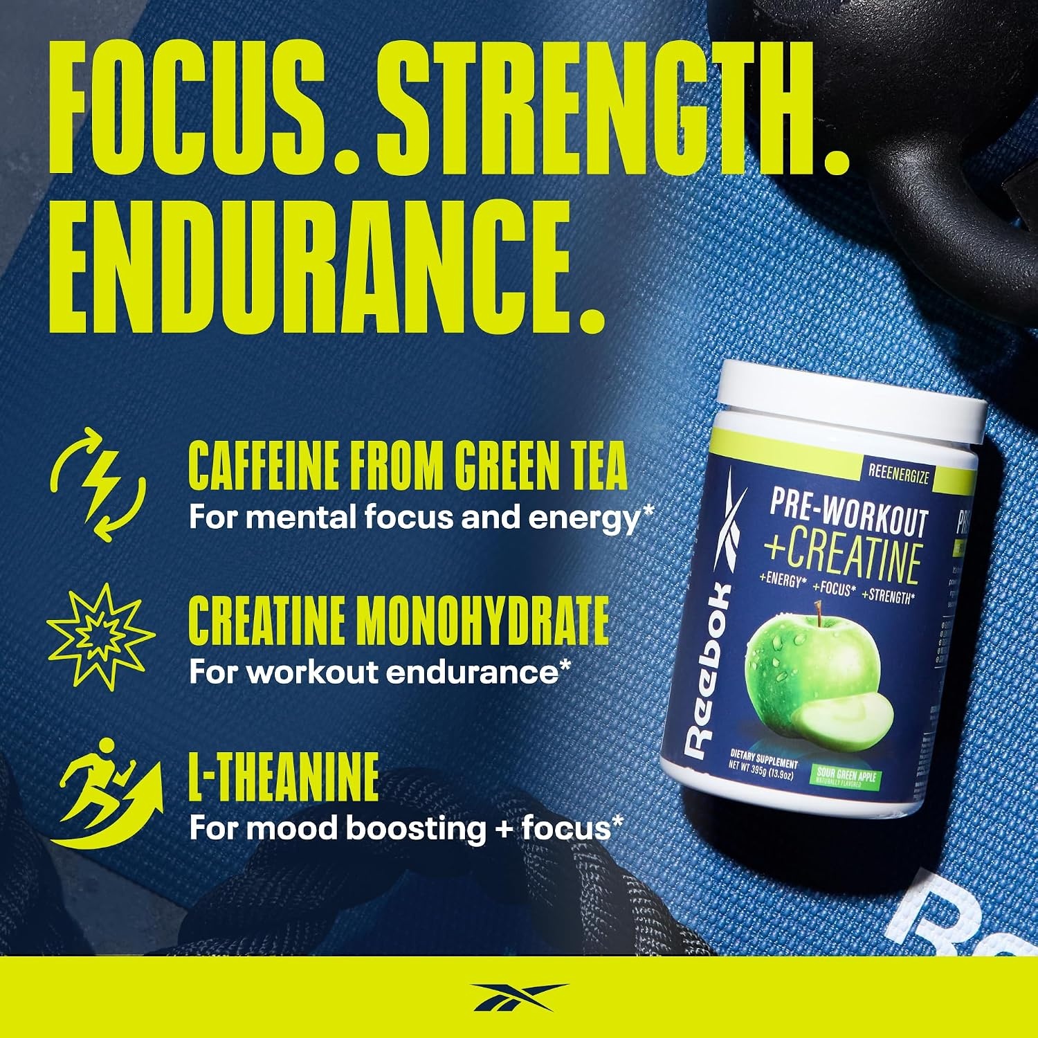 image:imageReebok REEenergize PreWorkout Creatine Powder Watermelon Crush 3g Creatine Monohydrate 200mg Natural Caffeine Clean Energy for Strength Focus amp Pump Informed Sport CertifiedGreen Apple