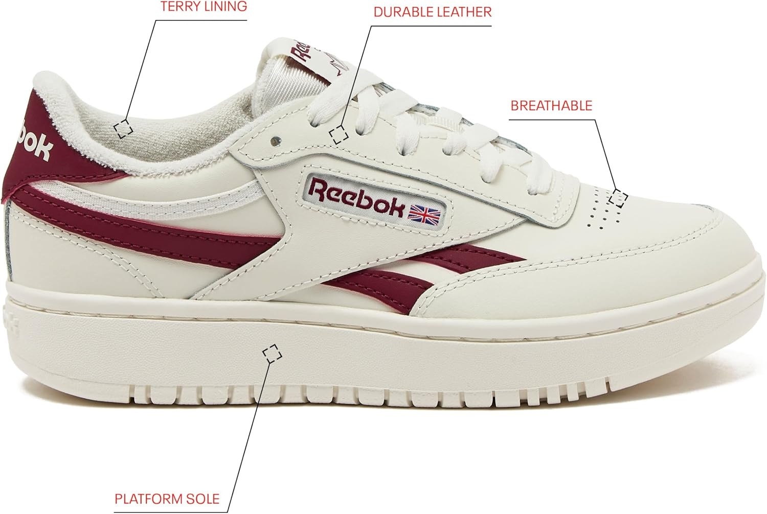 image:imageReebok Womens Club C Double Revenge Platform Tennis Shoes for Women Fashion Womens SneakersChalkChalkClassic Burgundy