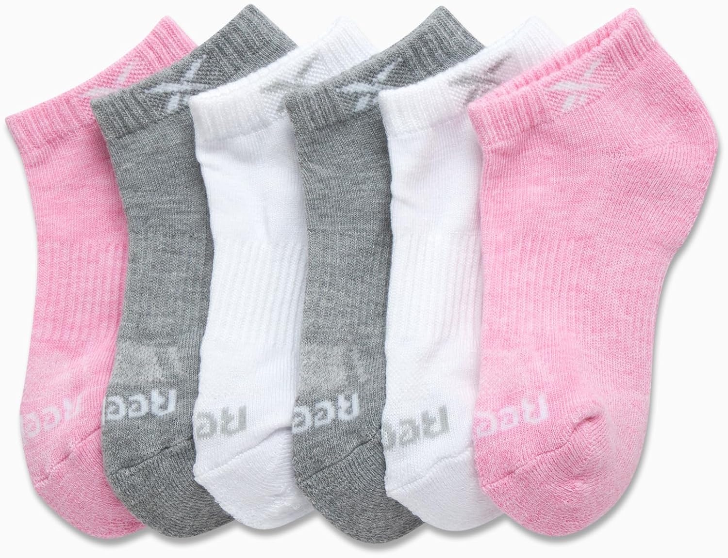 image:imageReebok Womens Quarter Socks 6 Pack Comfort Cushioned Athletic Socks Moisturewicking Fabric Keeps Feet Dry Flexible Knit Hugs the Arch Plush Footbed Absorbs ShockPinkWhiteGrey