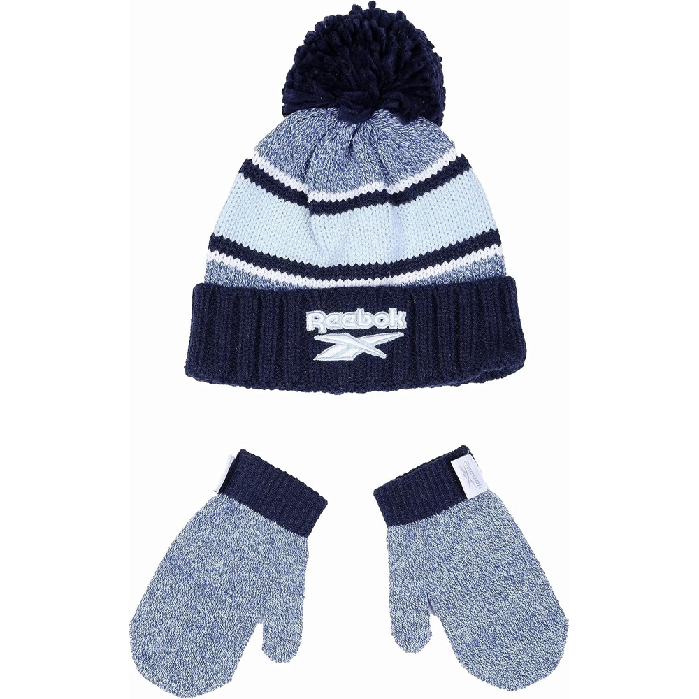 image:imageReebok 2Piece BabyToddler Winter Hat and Mittens Set Warm Knitted Pom Beanie amp Gloves Kids Cozy Cold Weather AccessoriesVector NavyLight Blue