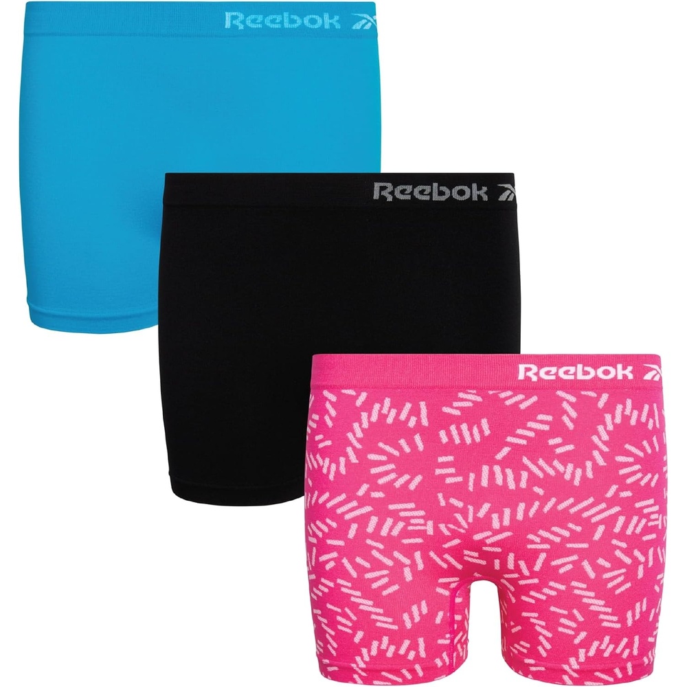 image:imageReebok Girls Boyshorts 3 Pack Soft Stretch Seamless TagFree Waist Soft Flexible Comfort Designed for Everyday Movement Smooth Finish Stays Comfortable Under ClothingScubaBlackBright Pink Jacquard