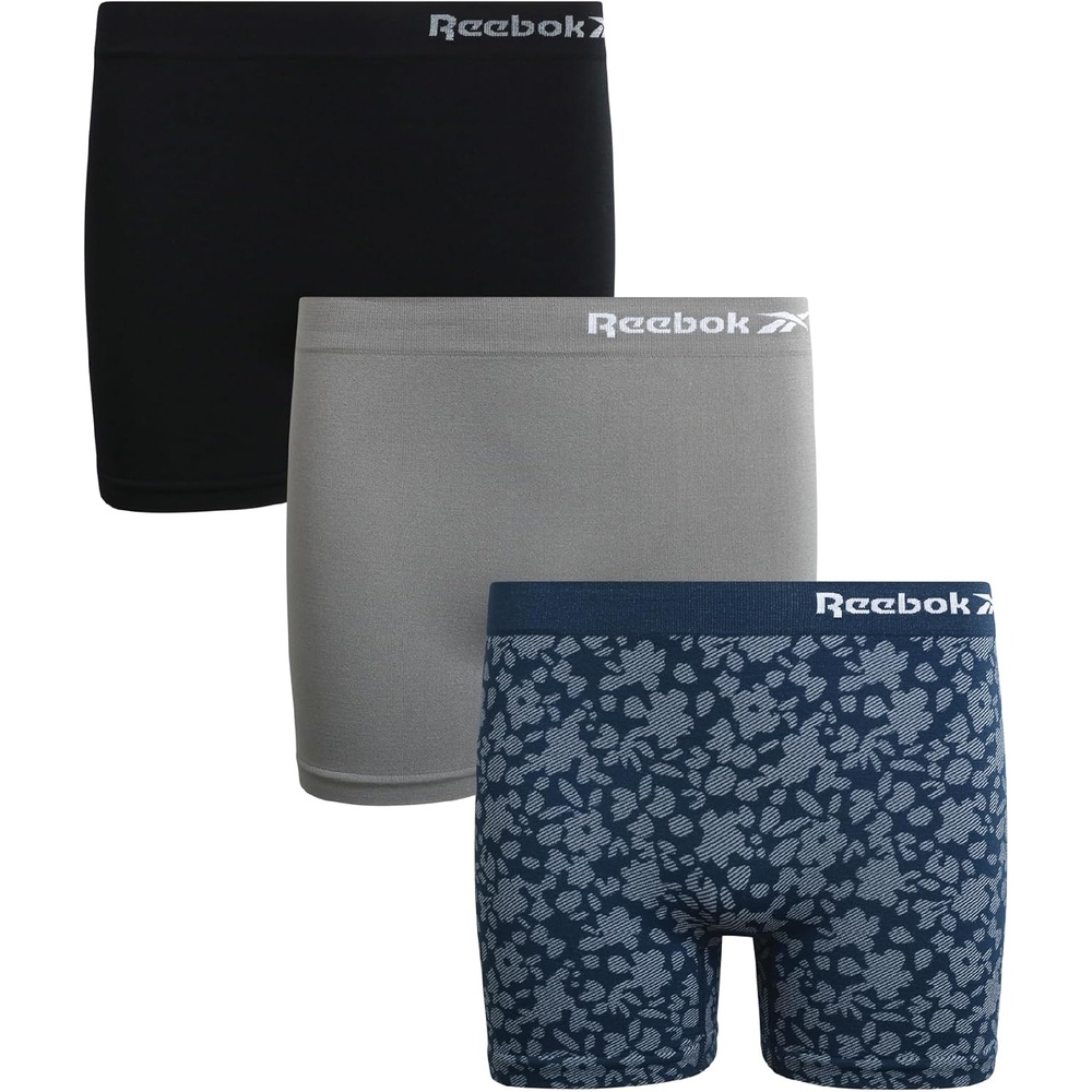 image:imageReebok Girls Boyshorts 3 Pack Soft Stretch Seamless TagFree Waist Soft Flexible Comfort Designed for Everyday Movement Smooth Finish Stays Comfortable Under ClothingBlue JacquardSharkskinBlack