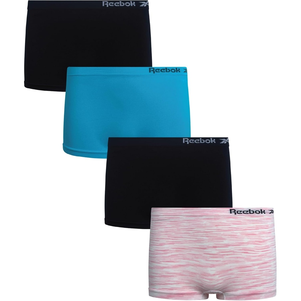 image:imageReebok Girls Boyshorts 4 Pack Performance Stretch Seamless Underwear Soft Easy Coverage for School Play and Lounging Smooth Fit Flexes Through Sports and SleepoversScuba BlueWhite SpacedyeBlackBlack