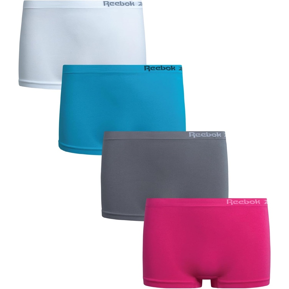 image:imageReebok Girls Boyshorts 4 Pack Performance Stretch Seamless Underwear Soft Easy Coverage for School Play and Lounging Smooth Fit Flexes Through Sports and SleepoversSteel GreyCarmine RoseScuba BlueWhite