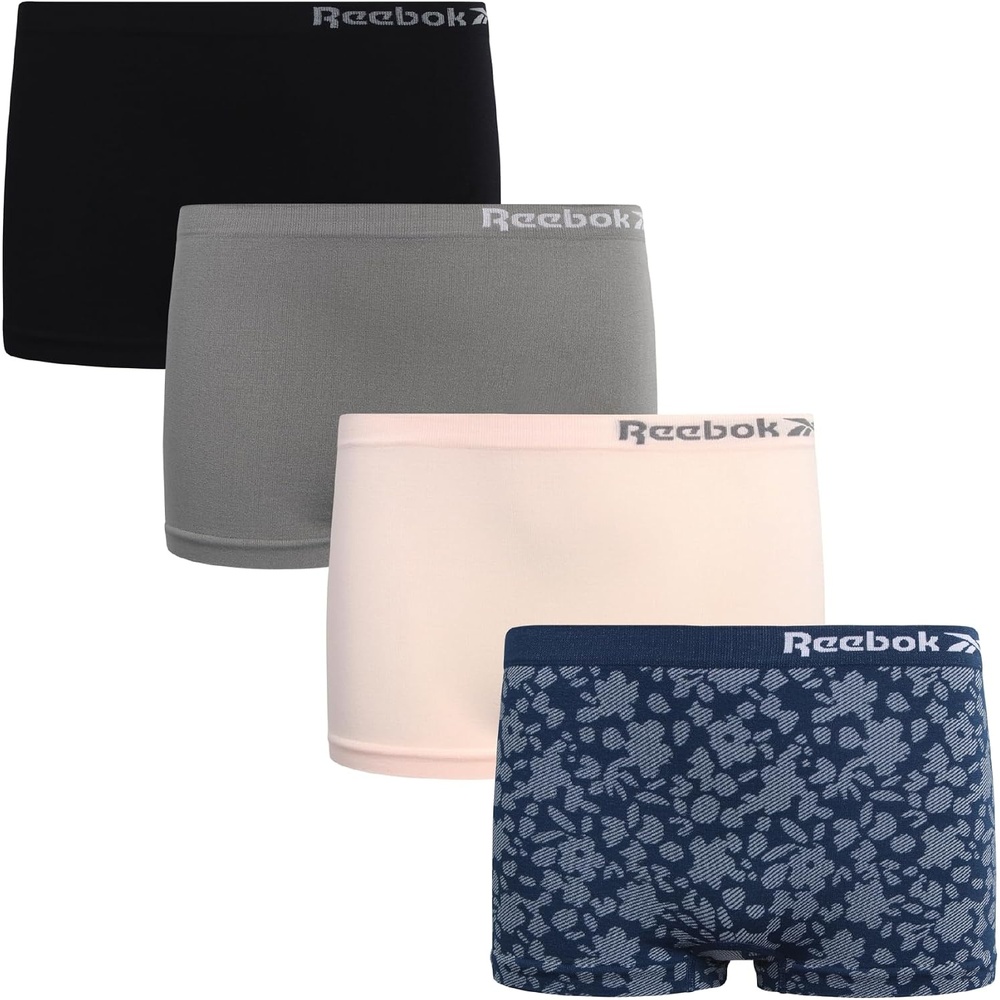 image:imageReebok Girls Boyshorts 4 Pack Performance Stretch Seamless Underwear Soft Easy Coverage for School Play and Lounging Smooth Fit Flexes Through Sports and SleepoversPrintPinkGreyBlack
