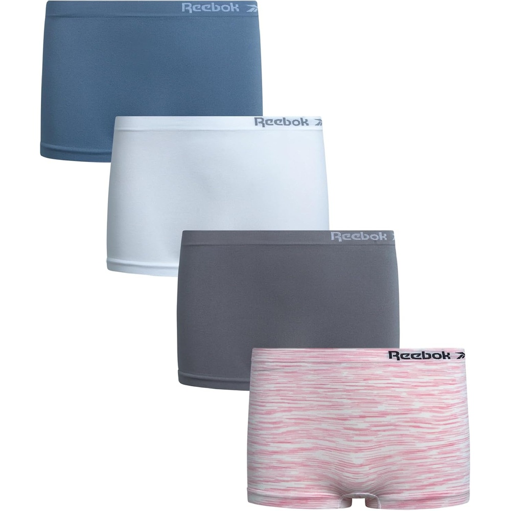 image:imageReebok Girls Boyshorts 4 Pack Performance Stretch Seamless Underwear Soft Easy Coverage for School Play and Lounging Smooth Fit Flexes Through Sports and SleepoversSteel GreyFaded DenimWhiteWhite Spacedye