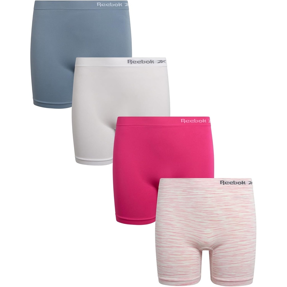 image:imageReebok Girls Boyshorts 4 Pack TagFree Seamless Long Leg Boxers 5 Inseam Soft IrritationFree Comfort for Active Kids Supportive FullCoverage Fit Through Every ActivityWhiteFaded DenimWhite SpacedyeBright Pink