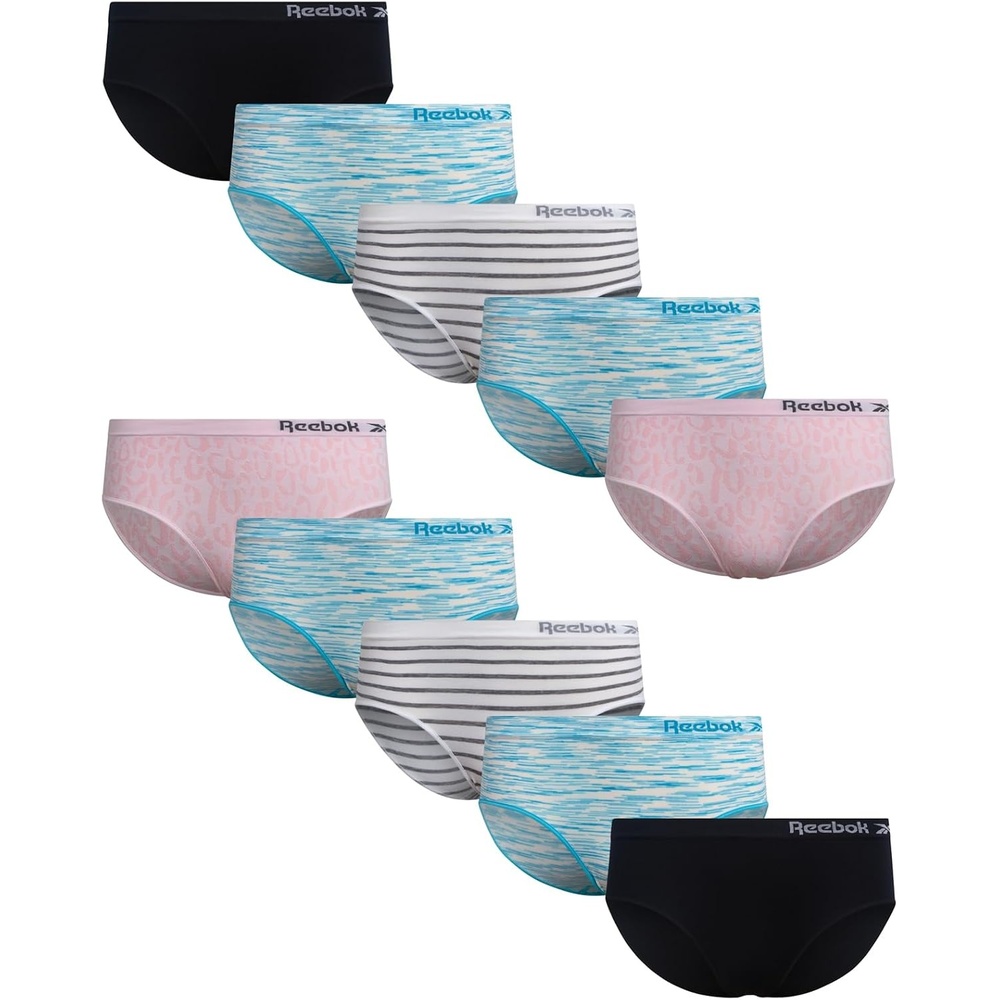 image:imageReebok Girls Hipster Panties 10 Pack Soft Stretch Seamless Underwear Breathable MoistureWicking Fabric Keeps Her Fresh and Confident Everyday Smooth Comfort in Every MovePink JacquardScuba Blue SpacedyeWhite StripeBlack