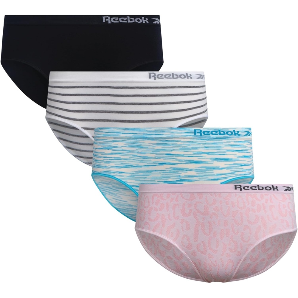 image:imageReebok Girls Hipster Panties 4 Pack Soft Stretch Seamless Underwear Smooth Flexible Fabric with a TagFree Design for IrritationFree Comfort Secure Fit Without Pinching or DiggingPink JacquardScuba Blue SpacedyeWhite StripeBlack