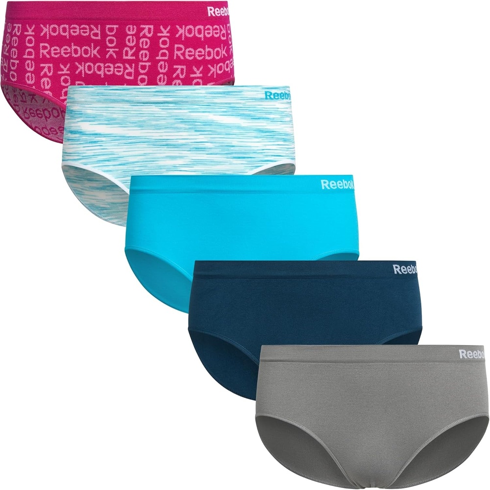 image:imageReebok Girls Hipster Panties 5 Pack Soft Stretch Seamless Underwear  Breathable MoistureWicking Fabric Keeps Her Fresh and Confident Everyday Smooth Comfort in Every MoveFuchsia PrintAqua JacquardScubaDeep BlueSharkskin