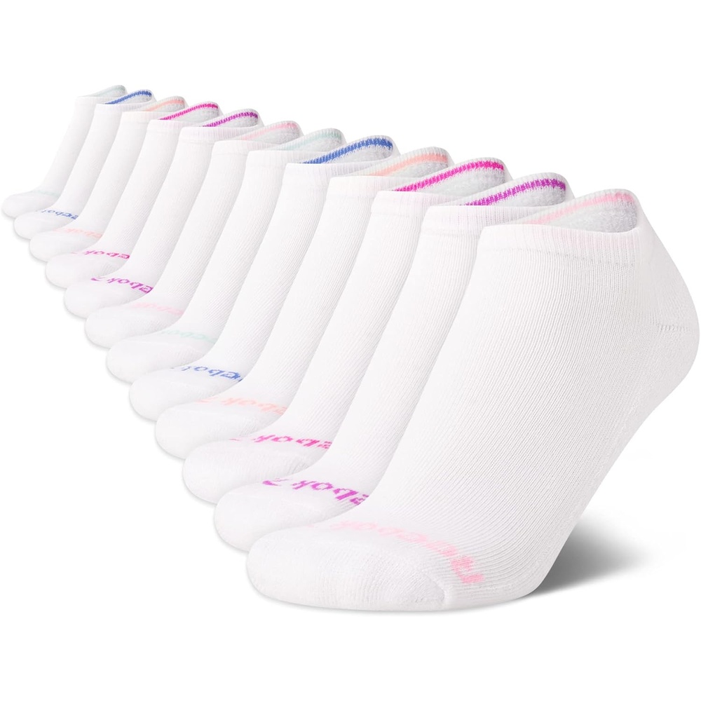 image:imageReebok Girls No Show Socks 12 Pack Performance Cushion Comfort Active Socks Moisturewicking Fabric Seamless Toe Snug Ribbed Cuff Flexible Stretch Fit Machine WashableWhite Logo