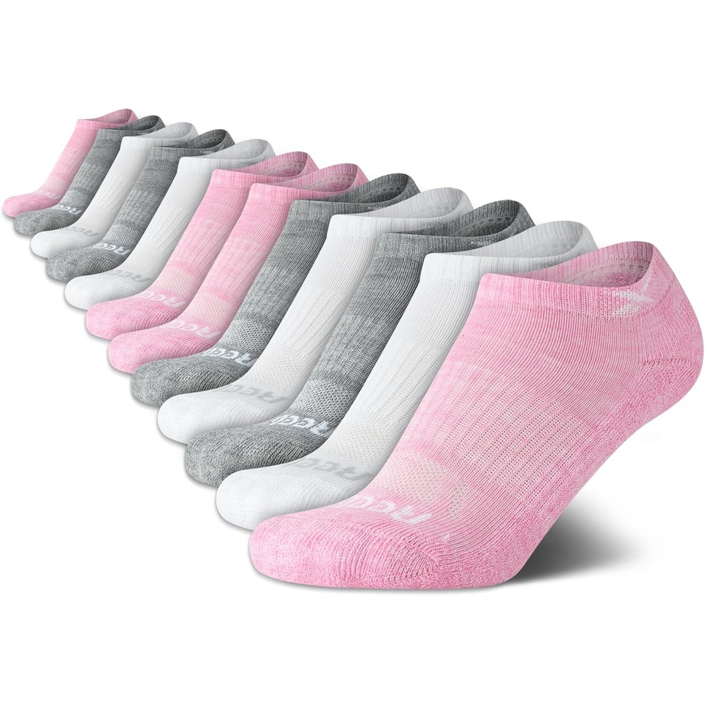 image:imageReebok Girls No Show Socks 12 Pack Performance Cushion Comfort Active Socks Moisturewicking Fabric Seamless Toe Snug Ribbed Cuff Flexible Stretch Fit Machine WashablePinkWhiteGrey
