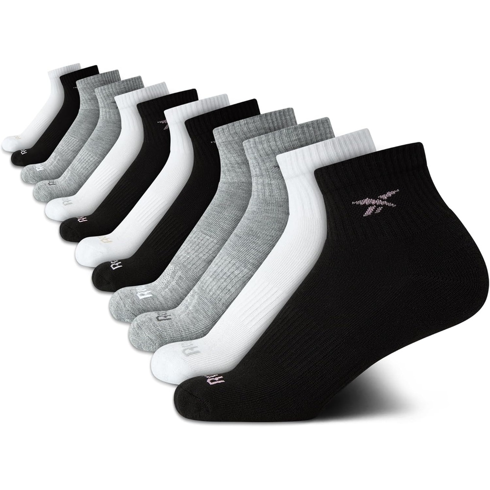 image:imageReebok Girls Quarter Socks 12 Pack Quarter Cut Arch Support Athletic Socks Stretchfit Knit Contours to Feet Moisturewicking Fabric Seamless Toe Closure Cushioned HeelBlackWhiteGrey