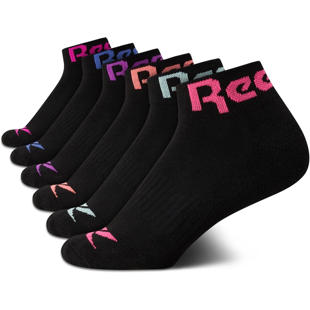 image:imageReebok Girls Quarter Socks 6 Pack MoistureWicking Girls Athletic Socks Cushioned Footbed with a Seamless Toe and Snug LowRise Fit for AllDay ComfortBlack Logo