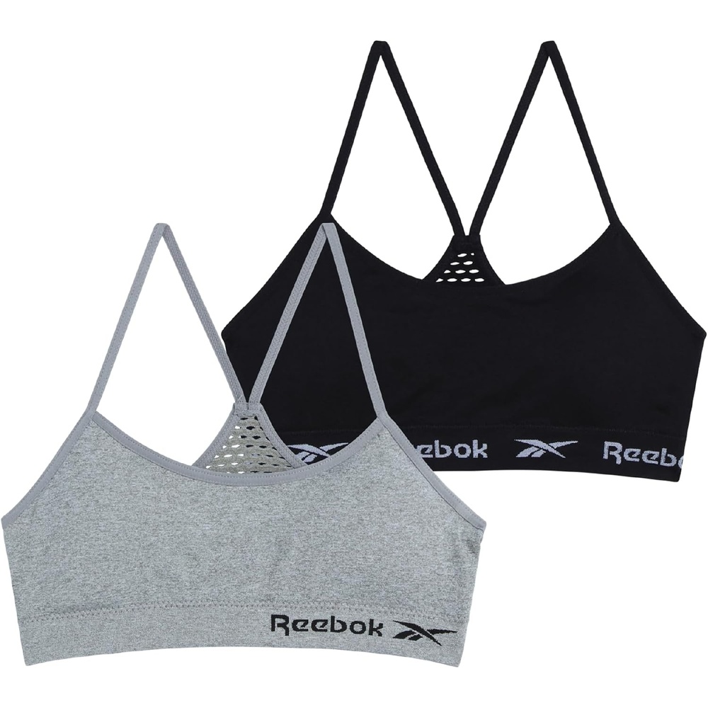 image:imageReebok Girls Training Bras 2 Pack Racerback Bralettes Removable Pads SuperSoft Fabric with a Sporty RacerStyle Back Fit Stays Comfortably in Place Through Dance Gym and PlayBlackGrey