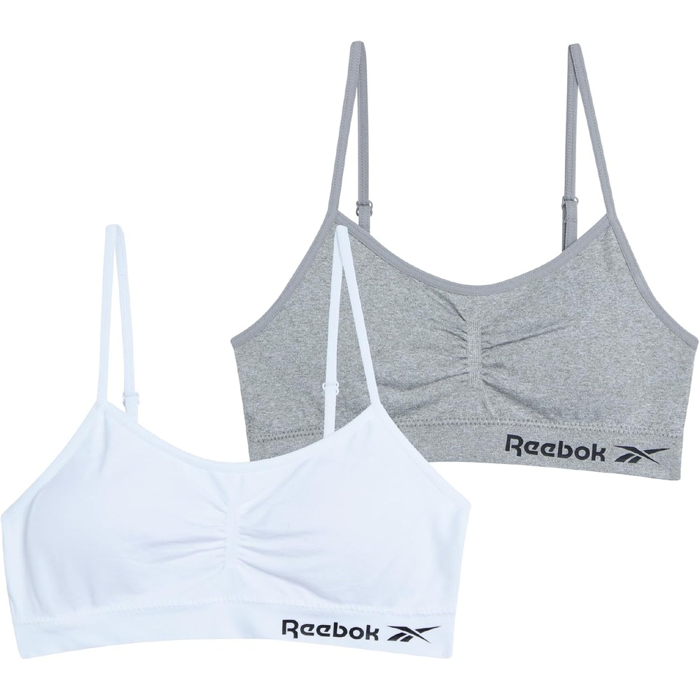image:imageReebok Girls Training Bras 2 Pack Racerback Bralettes Removable Pads SuperSoft Fabric with a Sporty RacerStyle Back Fit Stays Comfortably in Place Through Dance Gym and PlayGreyWhite