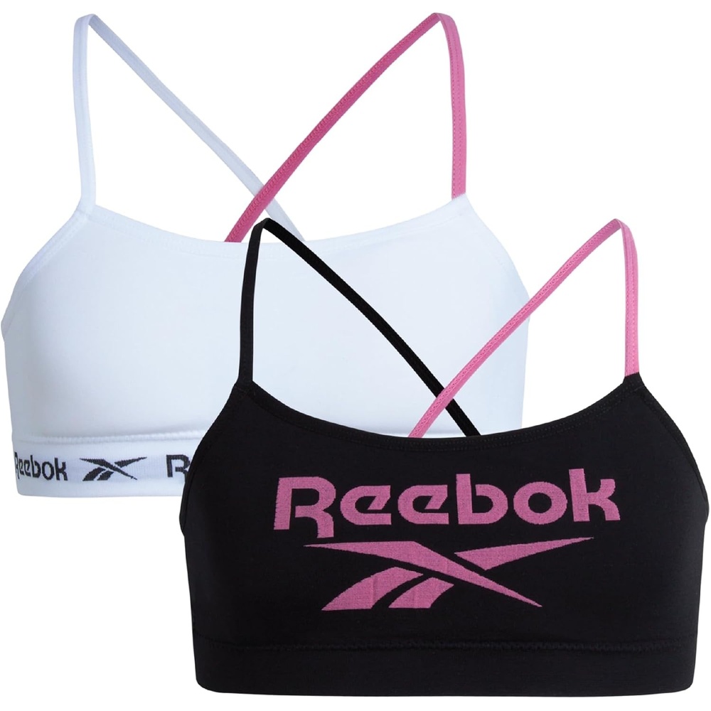 image:imageReebok Girls Training Bras 2 Pack Racerback Bralettes Removable Pads SuperSoft Fabric with a Sporty RacerStyle Back Fit Stays Comfortably in Place Through Dance Gym and PlayBlack JacquardWhite