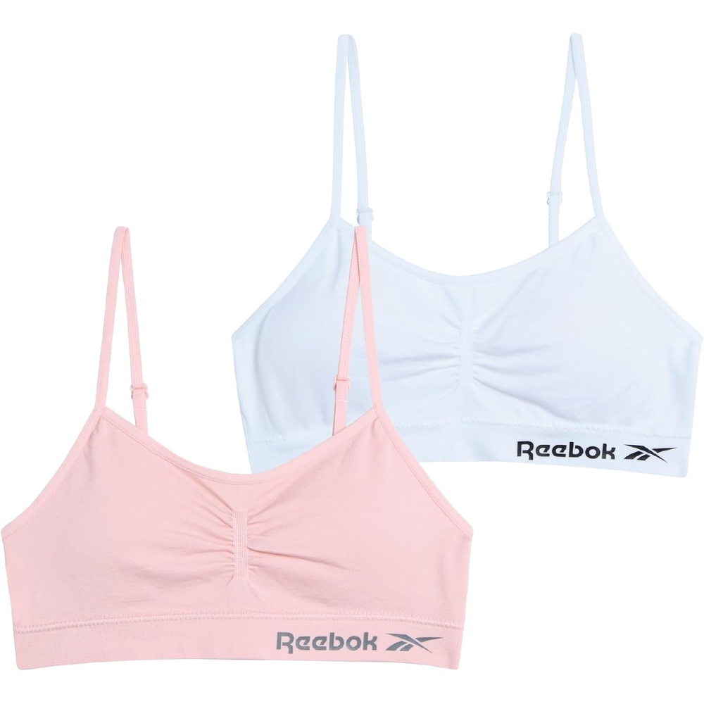 image:imageReebok Girls Training Bras 2 Pack Racerback Bralettes Removable Pads SuperSoft Fabric with a Sporty RacerStyle Back Fit Stays Comfortably in Place Through Dance Gym and PlayPinkWhite