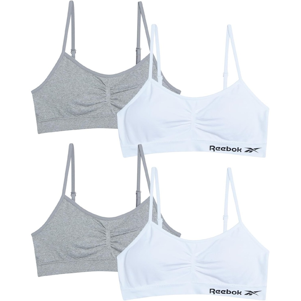 image:imageReebok Girls Training Bras 4 Pack Racerback Bralettes Removable Pads SuperSoft Fabric with a Sporty RacerStyle Back Fit Stays Comfortably in Place Through Dance Gym and PlayGreyWhite