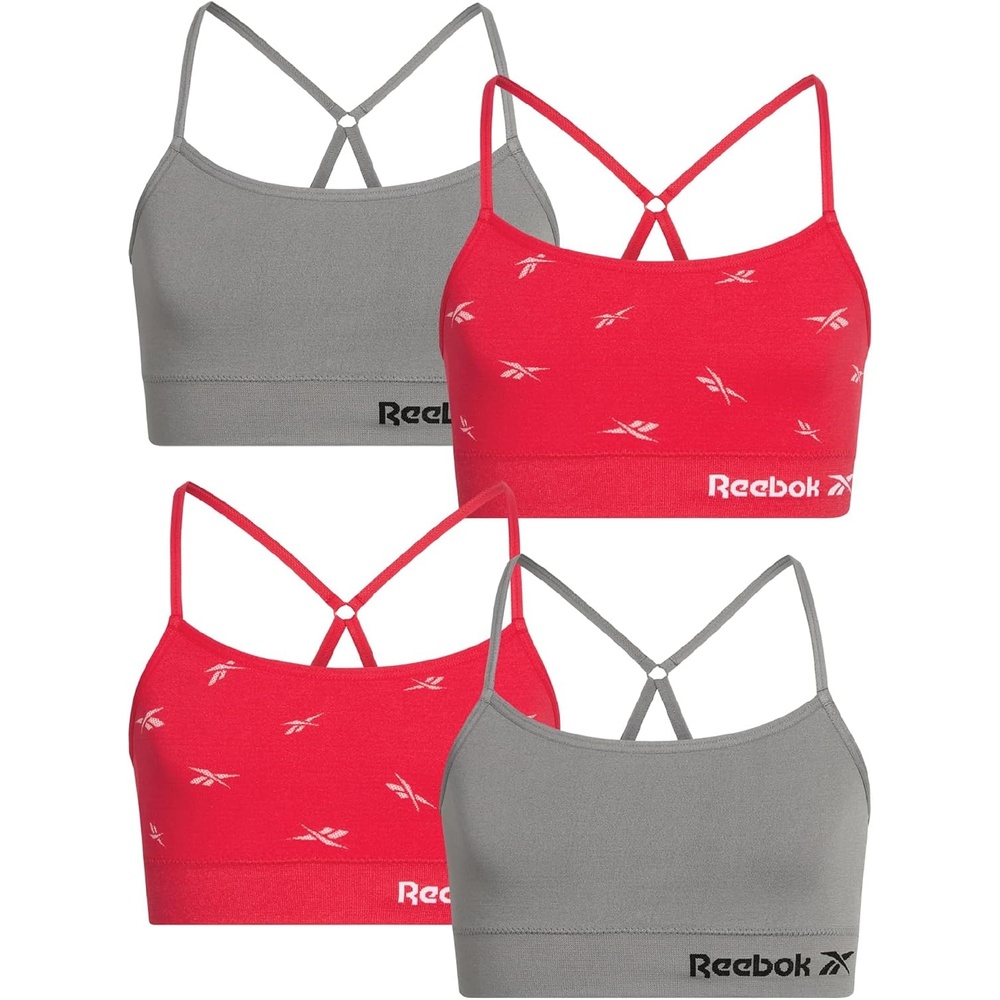 image:imageReebok Girls Training Bras 4 Pack Racerback Bralettes Removable Pads SuperSoft Fabric with a Sporty RacerStyle Back Fit Stays Comfortably in Place Through Dance Gym and PlayRed JacquardGrey