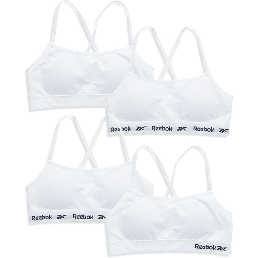 image:imageReebok Girls Training Bras 4 Pack Racerback Bralettes Removable Pads SuperSoft Fabric with a Sporty RacerStyle Back Fit Stays Comfortably in Place Through Dance Gym and PlayWhitePure White