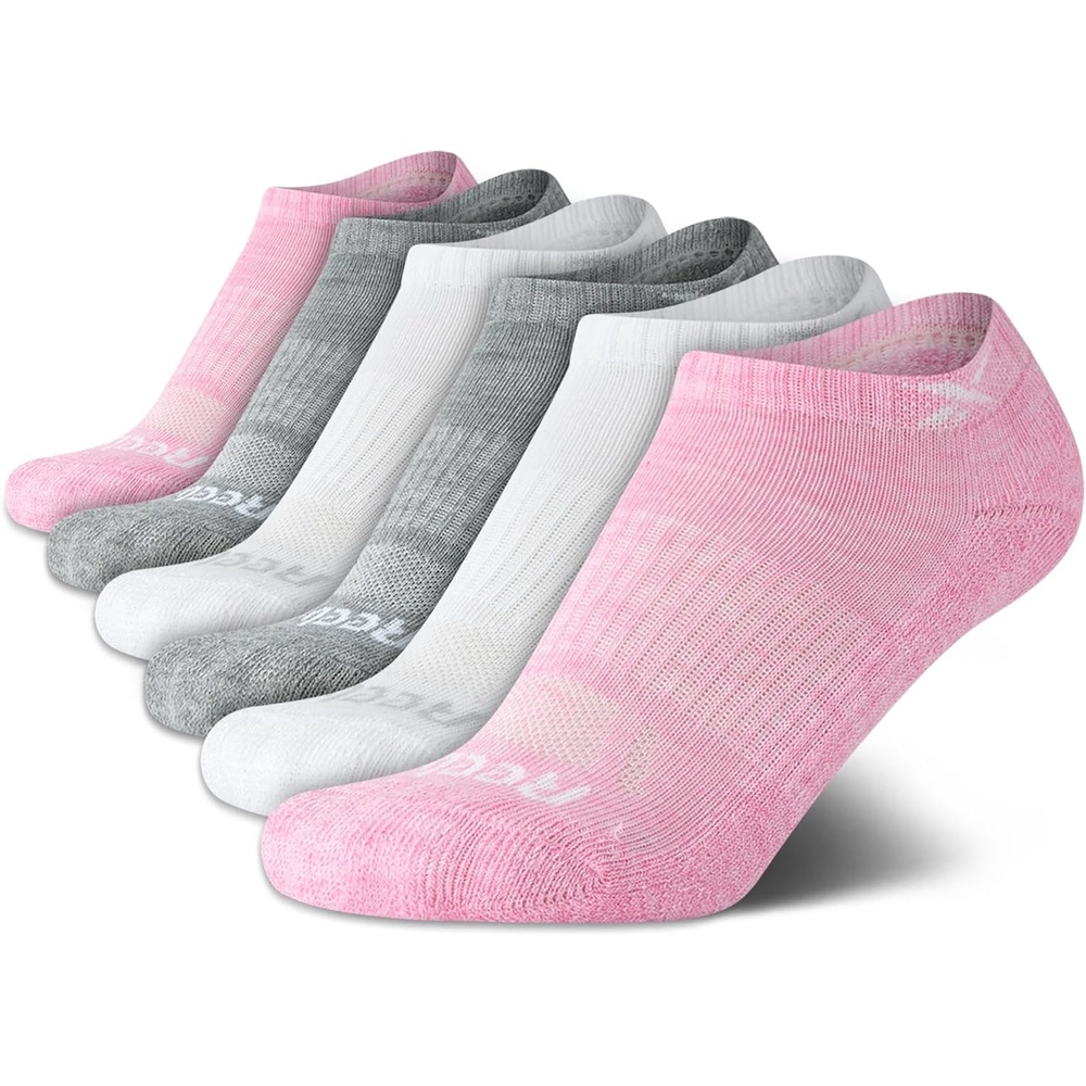 image:imageReebok Womens Quarter Socks 6 Pack Comfort Cushioned Athletic Socks Moisturewicking Fabric Keeps Feet Dry Flexible Knit Hugs the Arch Plush Footbed Absorbs ShockPinkWhiteGrey