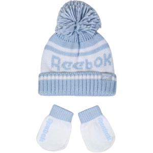 Reebok 2-Piece Baby/Toddler Winter Hat and Gripped Mittens Knitted Pom Beanie & Anti-Slip Gloves Cold Weather Accessories(Blue/Ivory)
