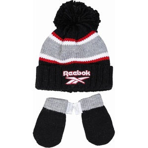 Reebok 2-Piece Baby/Toddler Winter Hat and Mittens Set Warm Knitted Pom Beanie & Gloves Kids Cozy Cold Weather Accessories(Black/Red)