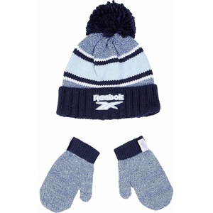Reebok 2-Piece Baby/Toddler Winter Hat and Mittens Set Warm Knitted Pom Beanie & Gloves Kids Cozy Cold Weather Accessories(Vector Navy/Light Blue)