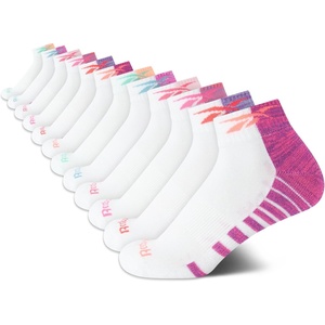 Reebok Girls Quarter Socks 12 Pack Quarter Cut Arch Support Athletic Socks | Stretch-fit Knit Contours to Feet, Moisture-wicking Fabric, Seamless Toe Closure, Cushioned Heel(White Stripe)