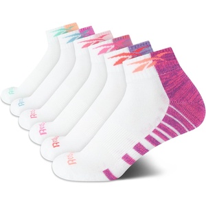 Reebok Girls Quarter Socks 6 Pack Moisture-Wicking Girls Athletic Socks | Cushioned Footbed with a Seamless Toe and Snug, Low-Rise Fit for All-Day Comfort(White Stripe)