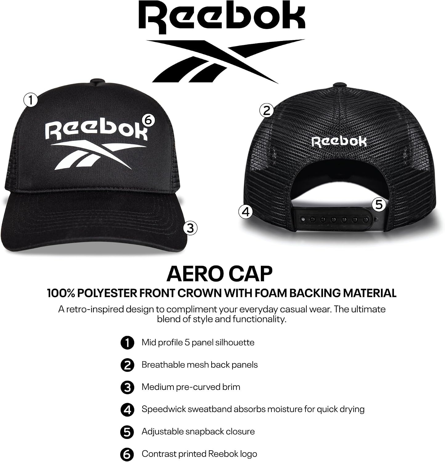 image:imageReebok Aero Trucker Hat Snapback Adjustable Mesh Back Retro Baseball Streetwear Urban Lifestyle WhiteAero Black