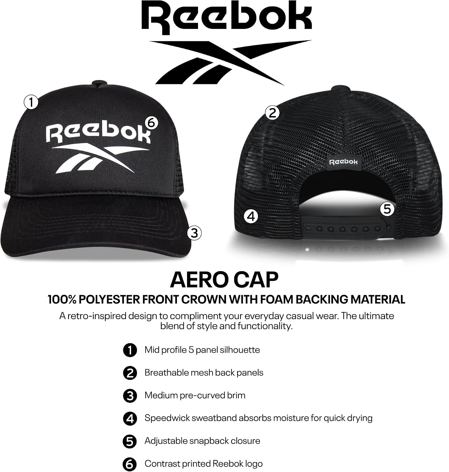 image:imageReebok Aero Trucker Hat Snapback Adjustable Mesh Back Retro Baseball Streetwear Urban Lifestyle WhiteAero Black
