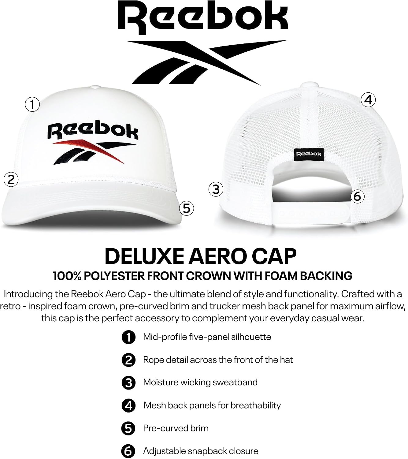 image:imageReebok Aero Trucker Hat Snapback Adjustable Mesh Back Retro Baseball Streetwear Urban Lifestyle WhiteAero WhiteMulti