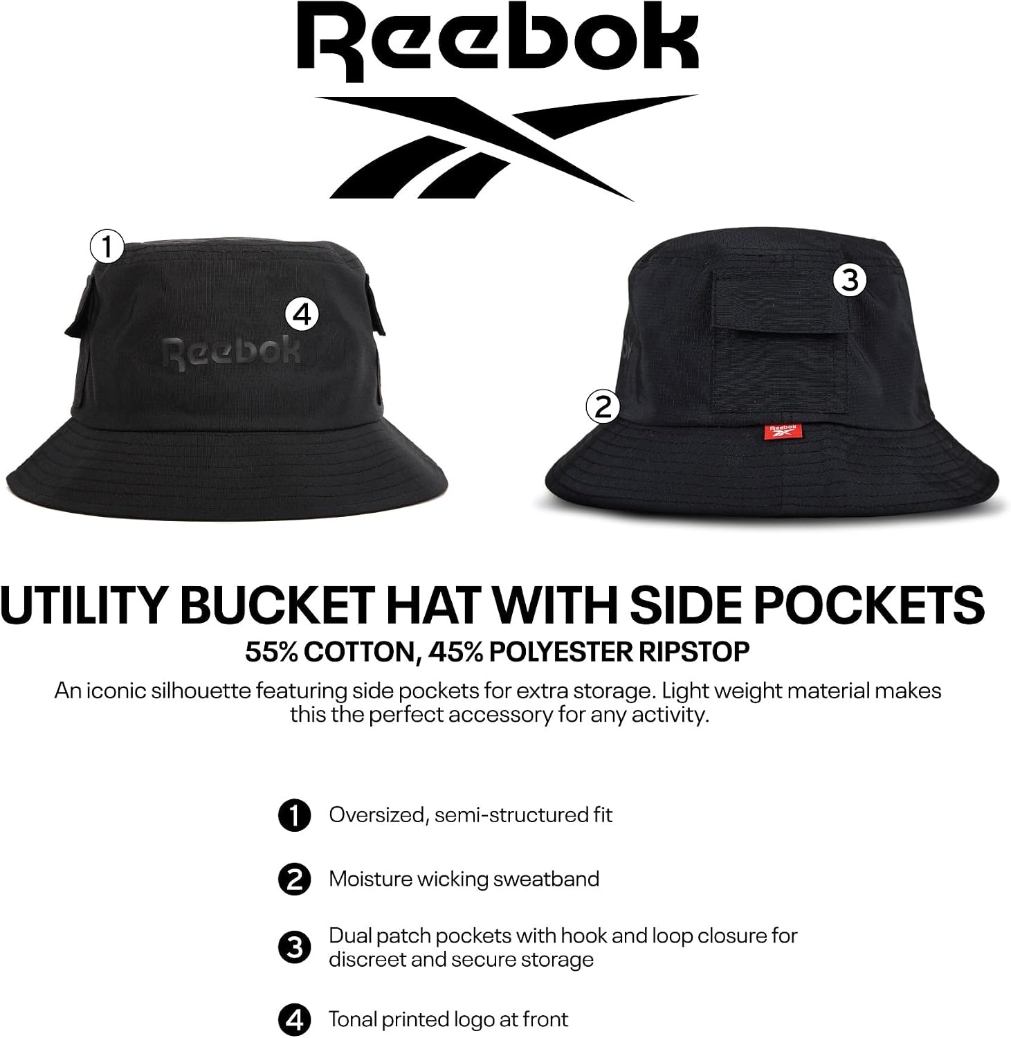 image:imageReebok Classic Bucket Hat Mens Womens Sun Protection Athletic Lightweight Retro StreetwearUtility Black